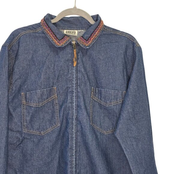 Chicos Vintage Denim Zip-Up Shirt Embroidered & Beaded Camel &Collar Boho READ - Picture 7 of 12